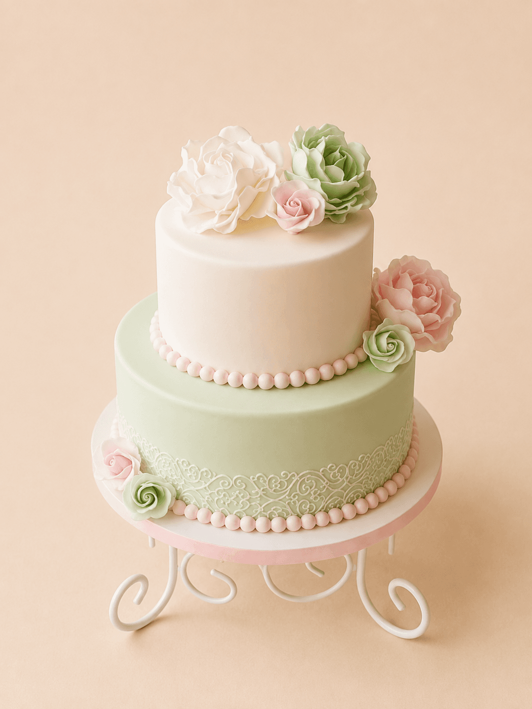 Torta de dos pisos en tonos pastel con flores de azúcar